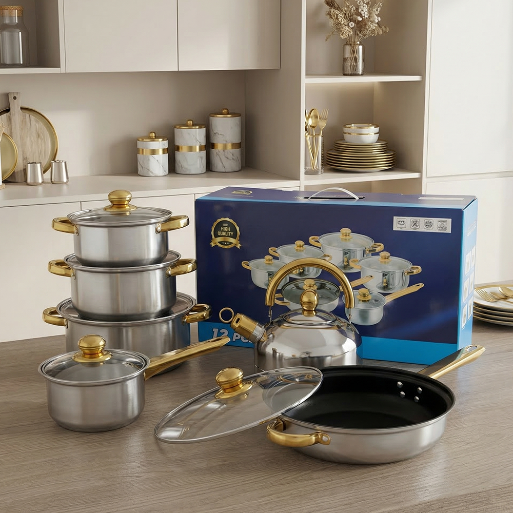 12 Pcs 410 Stainless Steel Kitchen Ware Non Stick Induction Hot Pot and Pan Luxury Camping Cooking Utensils Cookware Sets