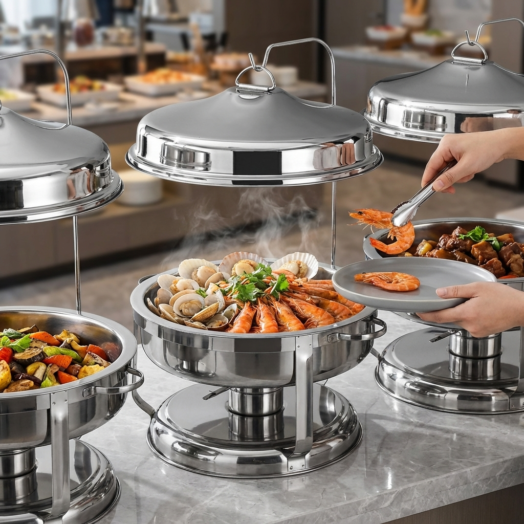 Luxury Hotel Party Restaurant Food Grade Stainless Steel Gold Silver Alcohol Heating Food Insulation Chafing Dish