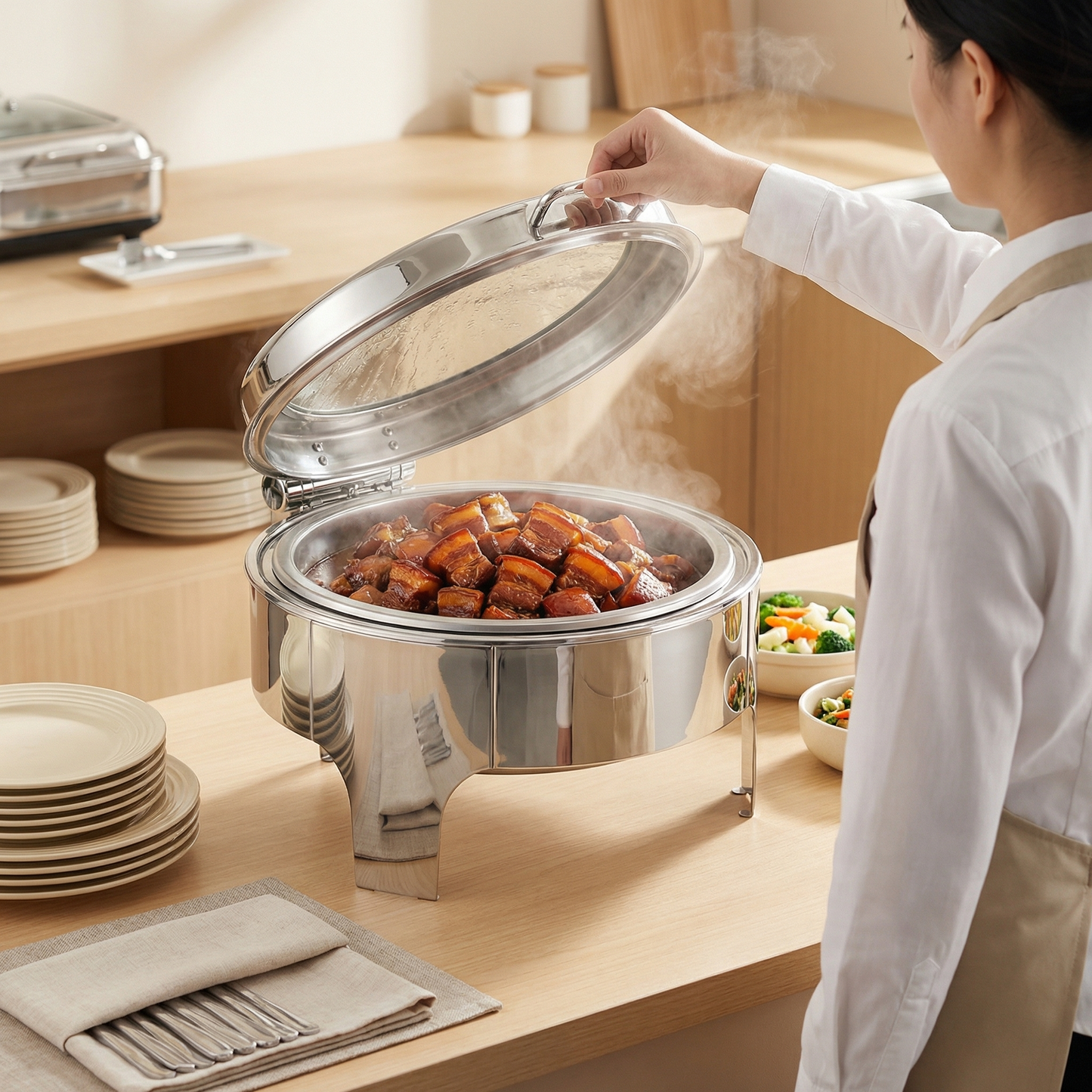 Luxury Gold Silver Commercial Stainless Steel Square Buffet Stove Chafing Dish with Hydraulic Lid for Catering Events