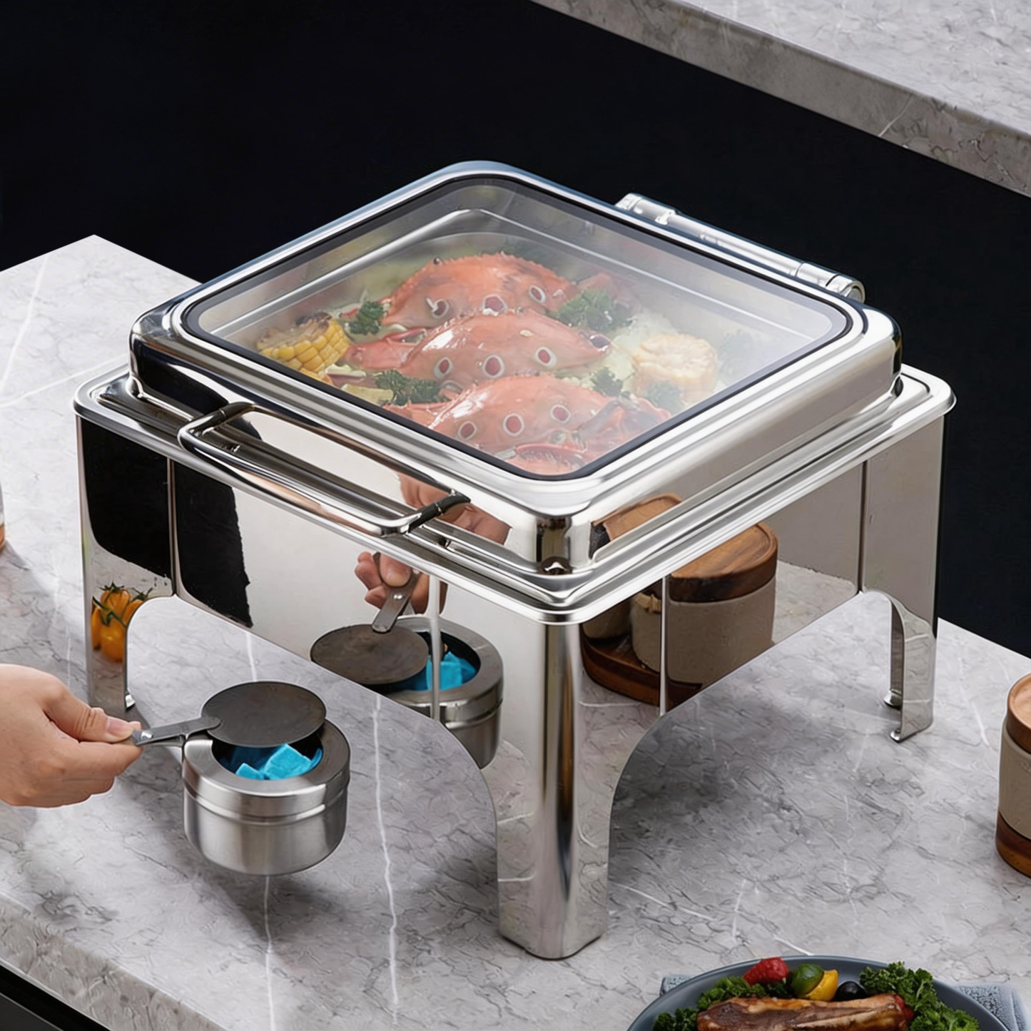 Luxury Gold Silver Commercial Stainless Steel Square Buffet Stove Chafing Dish with Hydraulic Lid for Catering Events