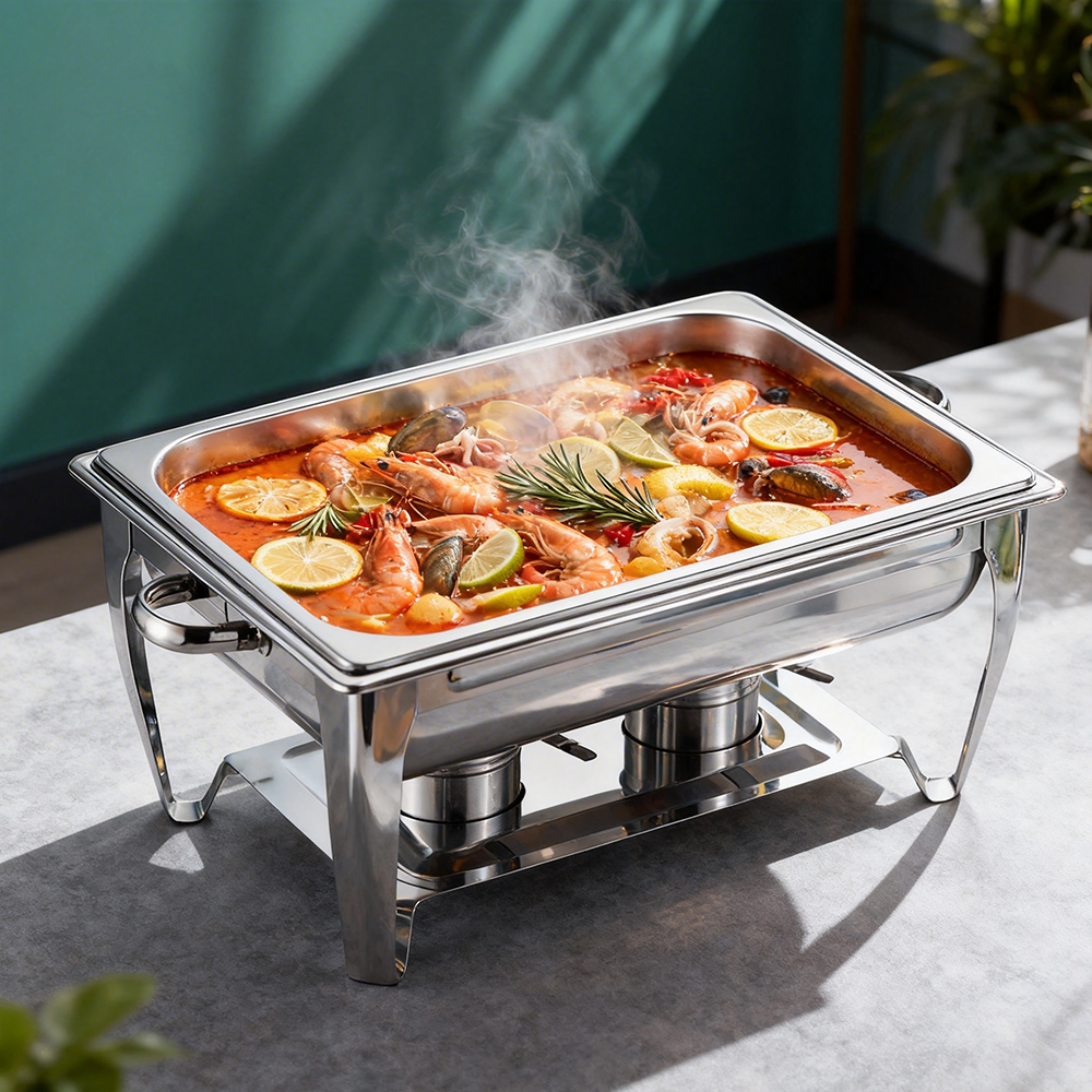 Luxury Silver Commercial Stainless Steel Rectangular Buffet Stove Chafing Dish Hydraulic Lid Alcohol Heating Smart Digital