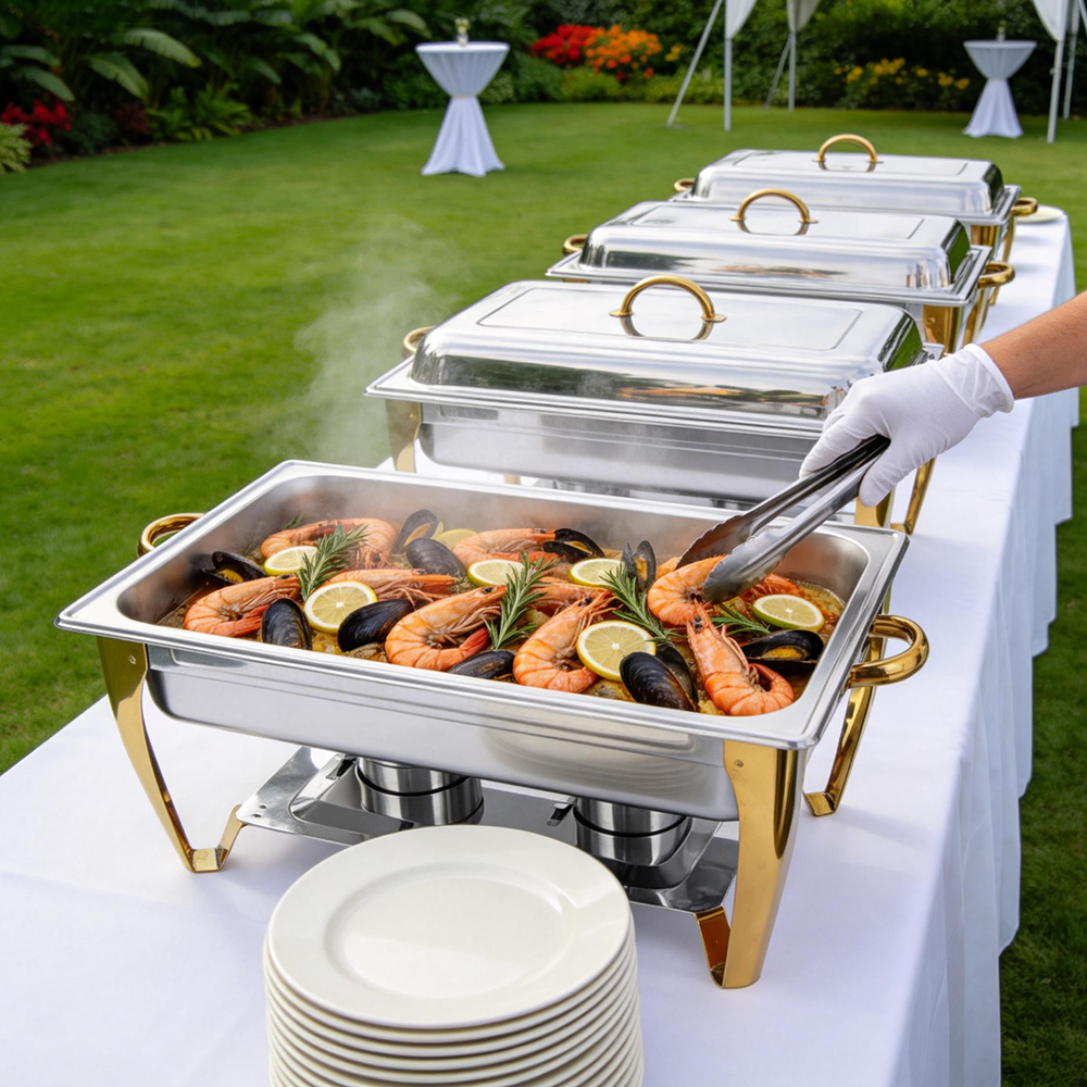 Luxury Silver Commercial Stainless Steel Rectangular Buffet Stove Chafing Dish Hydraulic Lid Alcohol Heating Smart Digital