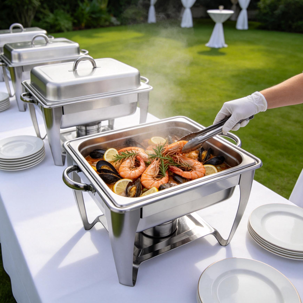 Luxury Silver Commercial Stainless Steel Rectangular Buffet Stove Chafing Dish Hydraulic Lid Alcohol Heating Smart Digital